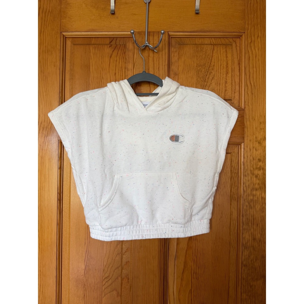 Champion Girls Sleeveless Hoodie Speckled White Cropped Sweatshirt M 10/12 NEW